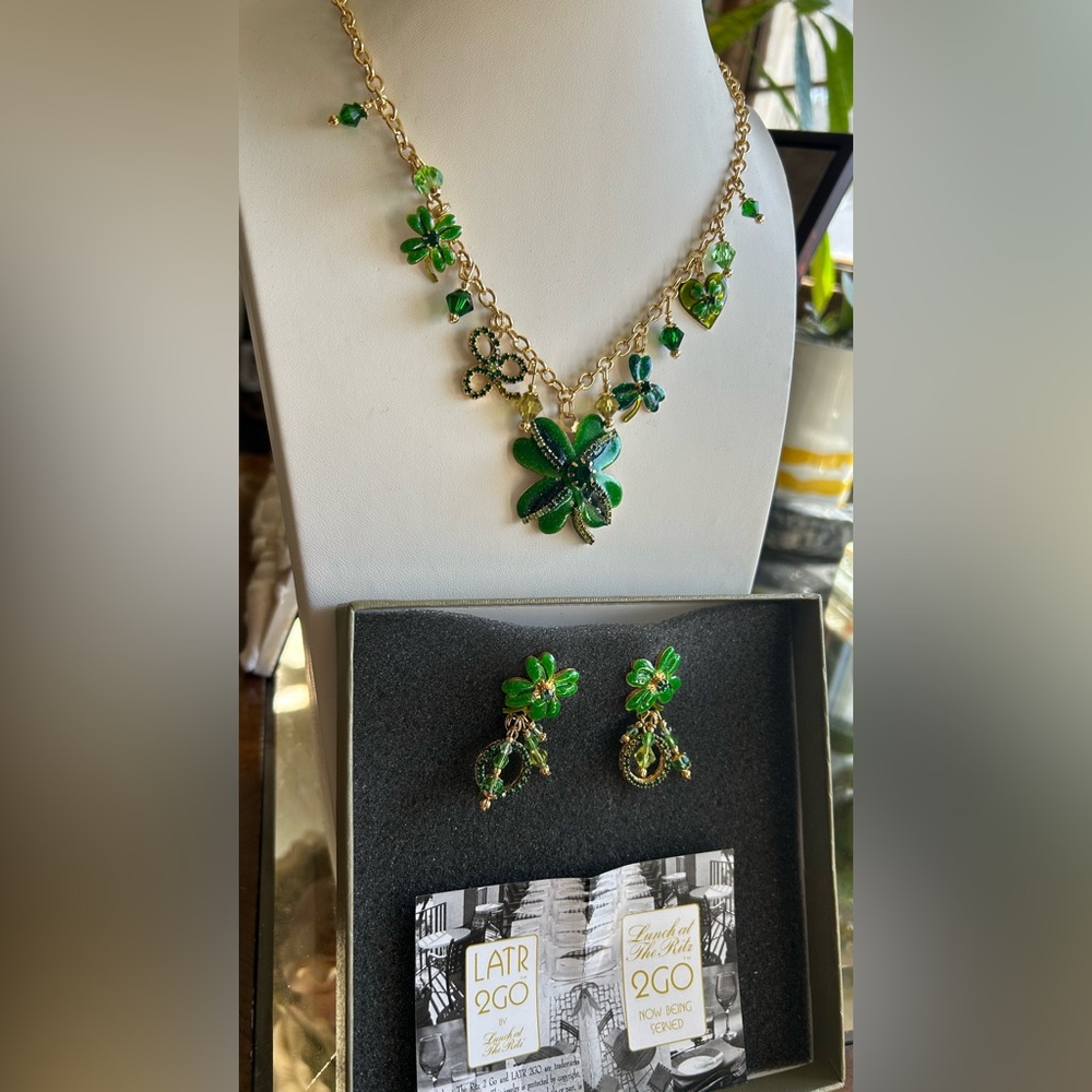 Lunch At The Ritz Four Leaf Clover Fries Charms Irish Necklace And Earrings Set